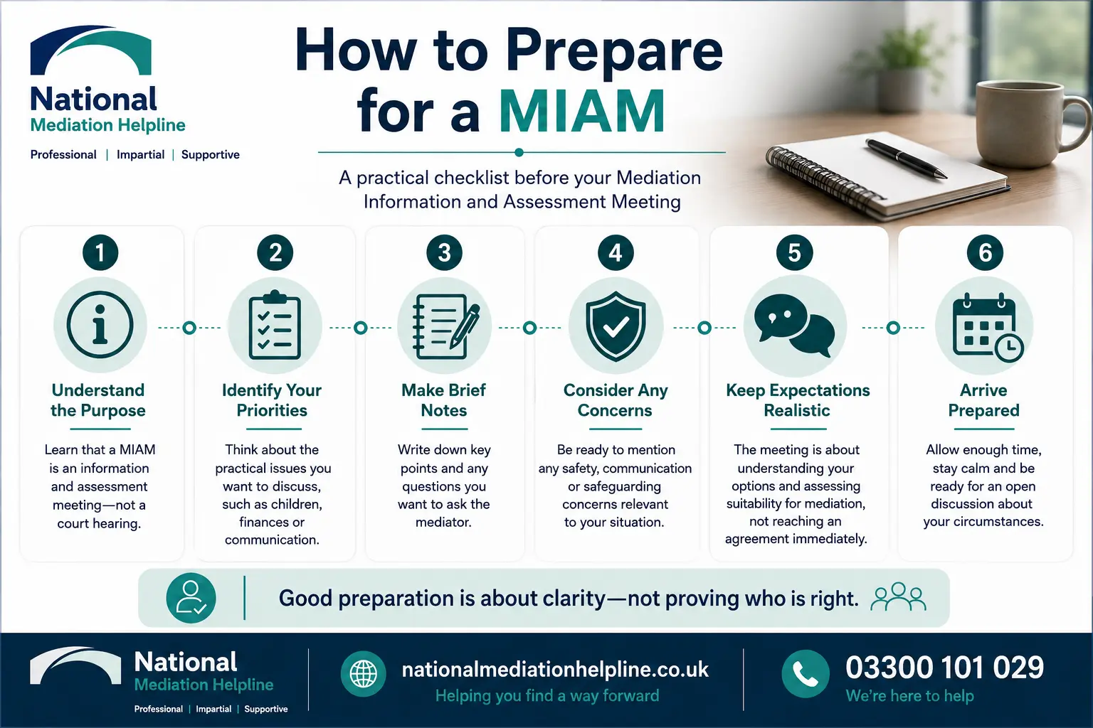 How to prepare for a miam in Plymouth How to prepare for a miam infographics , explaining How to prepare for a miam in Plymouth:  Understand how to prepare for a miam in 6 Steps